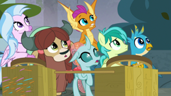 Size: 1280x720 | Tagged: safe, screencap, gallus, ocellus, sandbar, silverstream, smolder, yona, changedling, changeling, classical hippogriff, dragon, earth pony, griffon, hippogriff, pony, yak, school daze, student six