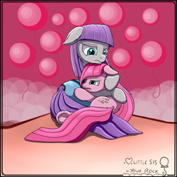 Size: 1024x1024 | Tagged: safe, artist:setonlr, maud pie, pinkie pie, earth pony, pony, cuddling, floppy ears, pinkamena diane pie, sad, snuggling