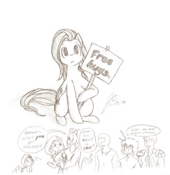 Size: 2390x2461 | Tagged: safe, artist:blackmageanolis, fluttershy, rarity, oc, oc:anon, oc:johnny (64), pegasus, pony, unicorn, black and white, bronybait, cute, free hugs, grayscale, hug, monochrome, pencil drawing, sign, traditional art