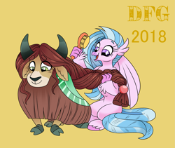 Size: 2407x2036 | Tagged: safe, artist:dragonfoxgirl, silverstream, yona, classical hippogriff, hippogriff, yak, school daze, braid, female, hairbrush, lesbian, shipping, simple background, yonastream