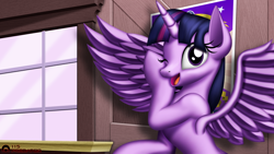 Size: 1920x1080 | Tagged: safe, artist:tsaritsaluna, derpibooru import, twilight sparkle, twilight sparkle (alicorn), alicorn, pony, cute, female, mare, poster, redraw, scene interpretation, solo, spoiler alert, spread wings, twiabetes, window, wink