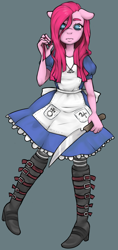 Size: 910x1920 | Tagged: safe, artist:pettankochanv, pinkie pie, anthro, alice in wonderland, alice madness returns, crossover, knife, pinkamena diane pie, solo, vorpal blade