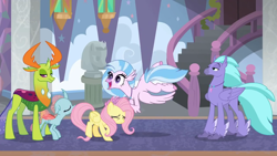 Size: 1280x720 | Tagged: safe, screencap, fluttershy, ocellus, seaspray, silverstream, thorax, changedling, changeling, pegasus, pony, school daze, female, king thorax, male