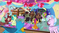 Size: 1280x720 | Tagged: safe, screencap, gallus, ocellus, pinkie pie, sandbar, silverstream, smolder, yona, classical hippogriff, earth pony, griffon, hippogriff, pony, yak, school daze, friendship always wins, school of friendship, singing, smiling, student six