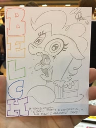 Size: 768x1024 | Tagged: safe, artist:andypriceart, pinkie pie, earth pony, pony, bite mark, burp, cake, female, food, mare, solo, traditional art, wavy mouth