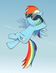 Size: 621x800 | Tagged: safe, artist:yuniuni11, derpibooru import, rainbow dash, pegasus, pony, cool, female, flying, hooves behind head, mare, sky, solo, sunglasses