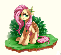 Size: 1024x927 | Tagged: safe, artist:luciferamon, fluttershy, butterfly, pegasus, pony, cute, dirt cube, lidded eyes, looking at you, shyabetes, simple background, sitting, smiling, solo