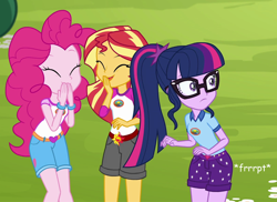 Size: 662x483 | Tagged: safe, artist:thedarkpony, edit, edited screencap, screencap, pinkie pie, sci-twi, sunset shimmer, twilight sparkle, equestria girls, legend of everfree, clothes, cropped, fart, fart edit, fart noise, female, laughing, onomatopoeia, shorts, sound effects