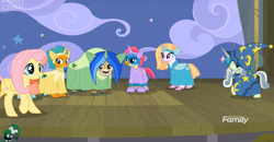 Size: 1745x907 | Tagged: safe, screencap, fluttershy, gallus, ocellus, sandbar, silverstream, smolder, yona, classical hippogriff, dragon, earth pony, griffon, hippogriff, pegasus, pony, yak, horse play, clothes, costume, fake beard, fake ears, fake horn, female, male, mare, play, prosthetic butt, star swirl the bearded costume, student six, teenager, wig