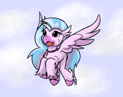 Size: 1200x946 | Tagged: safe, artist:brownie-bytes, silverstream, classical hippogriff, hippogriff, school daze, female, flying, jewelry, necklace, signature