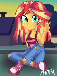 Size: 1536x2048 | Tagged: safe, artist:artmlpk, sunset shimmer, equestria girls, adorable face, adorkable, alternate hairstyle, boots, clothes, cute, design, dork, female, grass, heeled boots, house, houses, jeans, looking at you, pants, peace sign, ripped jeans, road, shimmerbetes, shirt, shoes, sitting, smiling at you, solo, summer sunset, t-shirt, tree