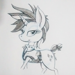 Size: 700x693 | Tagged: safe, artist:darkhestur, rarity, pony, unicorn, alternate hairstyle, looking at you, monochrome, punk, raripunk, solo, traditional art