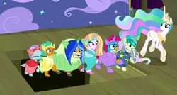 Size: 687x367 | Tagged: safe, screencap, gallus, ocellus, princess celestia, sandbar, silverstream, smolder, yona, alicorn, changedling, changeling, dragon, earth pony, griffon, hippogriff, pony, yak, horse play, about to fail, clothes, costume, dragoness, fake beard, fake ears, fake horn, female, male, mare, raised claw, raised hoof, student six, teenager, this will end in pain, trapdoor, wig