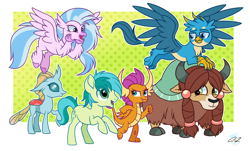 Size: 2680x1624 | Tagged: safe, artist:iheartjapan789, gallus, ocellus, sandbar, silverstream, smolder, yona, changedling, changeling, classical hippogriff, dragon, earth pony, griffon, hippogriff, pony, yak, school daze, chest fluff, cloven hooves, cute, cutie mark, diaocelles, diastreamies, dragoness, female, flying, gallabetes, looking at each other, male, paws, sandabetes, signature, smiling, smolderbetes, stamp of approval, student six, teenager, wings, yonadorable