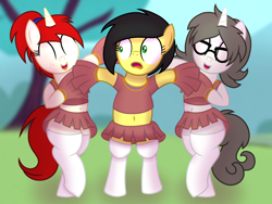 Size: 1600x1200 | Tagged: safe, artist:toyminator900, oc, oc only, oc:silver draw, oc:solaria, oc:uppercute, earth pony, pony, unicorn, belly button, bipedal, cheerleader, cheerleader outfit, clothes, cute, female, freckles, glasses, mare, midriff, miniskirt, open mouth, pleated skirt, pom pom, ponytail, short shirt, shrunken pupils, skirt, smiling, socks, thigh highs, trio