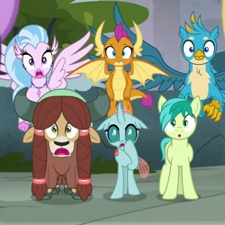 Size: 720x720 | Tagged: safe, screencap, gallus, ocellus, sandbar, silverstream, smolder, yona, changedling, changeling, classical hippogriff, dragon, earth pony, griffon, hippogriff, pony, yak, school daze, cloven hooves, cropped, dragoness, female, flying, male, student six, teenager