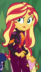 Size: 539x934 | Tagged: safe, screencap, applejack, fluttershy, sci-twi, sunset shimmer, twilight sparkle, better together, equestria girls, sunset's backstage pass!, cropped, music festival outfit