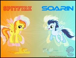 Size: 1017x786 | Tagged: safe, artist:everyman15, derpibooru import, soarin', spitfire, pony, flying, gazing, looking at you, wonderbolts