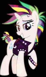 Size: 346x575 | Tagged: safe, artist:lauraselenaantonia, rarity, pony, unicorn, it isn't the mane thing about you, alternate hairstyle, black background, punk, raised hoof, raripunk, simple background, solo