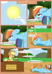 Size: 7000x10000 | Tagged: safe, artist:chedx, derpibooru import, applejack, rainbow dash, earth pony, pegasus, pony, apple cider, cider, cider dash, comic, dehydration, drama queen, flower, hot, mug, playing dead, rainbowdrama, sun, sweat, sweating profusely, vulture