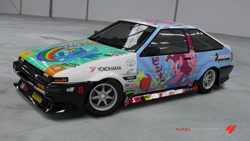 Size: 900x506 | Tagged: safe, derpibooru import, pinkie pie, rainbow dash, earth pony, pegasus, pony, car, forza motorsport 4, game screencap, itasha, toyota, toyota sprinter trueno [ae86], video game