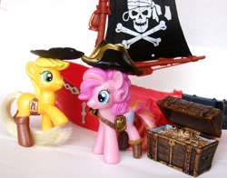 Size: 1600x1256 | Tagged: safe, applejack, pinkie pie, earth pony, pony, boots, custom, mcdonald's happy meal toys, pirate, pirate ship, prosthetics, ship, toy, treasure chest