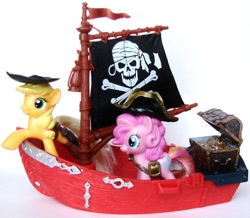 Size: 1600x1392 | Tagged: safe, applejack, pinkie pie, earth pony, pony, boots, custom, mcdonald's happy meal toys, pirate, pirate ship, prosthetics, ship, toy, treasure chest