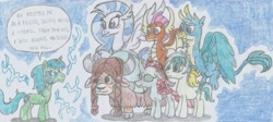 Size: 2209x992 | Tagged: safe, artist:nephilim rider, gallus, ocellus, sandbar, silverstream, smolder, yona, oc, oc:sparkbolt, classical hippogriff, griffon, hippogriff, pony, student six, traditional art