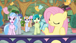 Size: 1600x900 | Tagged: safe, screencap, end zone, fluttershy, sandbar, silverstream, slate sentiments, strawberry scoop, summer meadow, butterfly, classical hippogriff, earth pony, hippogriff, pegasus, pony, unicorn, marks for effort, eyes closed, female, friendship student, male, mare, school of friendship, teenager