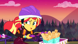Size: 1280x731 | Tagged: safe, screencap, sunset shimmer, equestria girls, equestria girls series, sunset's backstage pass!, spoiler:eqg series (season 2), basket, bicycle, cap, churros, clock, cloud, evening, female, food, forest, hat, mountain, pipe, ride, sunset, waffle, watch