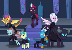 Size: 1069x748 | Tagged: safe, alternate version, artist:chedx, gallus, ocellus, sandbar, silverstream, smolder, storm king, tempest shadow, yona, changedling, changeling, classical hippogriff, dragon, griffon, hippogriff, pony, yak, comic:the storm kingdom, my little pony: the movie, school daze, alternate timeline, alternate universe, armor, crystal of light, female, general tempest shadow, male, military, mind control, storm kingdom, storm six, student six, the storm six