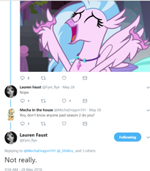 Size: 779x884 | Tagged: safe, screencap, silverstream, classical hippogriff, hippogriff, school daze, lauren faust, meta, text, twitter, word of faust