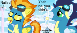 Size: 1024x439 | Tagged: safe, artist:lcponymerch, derpibooru import, soarin', spitfire, pony, bragging, clothes, uniform, watermark, wonderbolts uniform