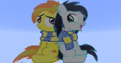 Size: 1233x648 | Tagged: safe, artist:lixid, derpibooru import, soarin', spitfire, pony, clothes, colt, duo, female, filly, game screencap, male, minecraft, minecraft pixel art, pixel art, scarf, shared clothing, shared scarf, shipping, soarinfire, straight