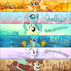 Size: 599x594 | Tagged: safe, artist:kyoshithebrony, gallus, ocellus, sandbar, silverstream, smolder, yona, changedling, changeling, classical hippogriff, dragon, earth pony, griffon, hippogriff, pony, yak, signature, student six