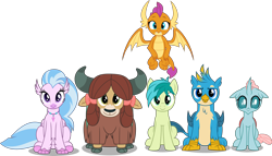 Size: 5238x3000 | Tagged: safe, artist:dashiesparkle, gallus, ocellus, sandbar, silverstream, smolder, yona, changedling, changeling, classical hippogriff, dragon, earth pony, griffon, hippogriff, pony, yak, non-compete clause, .svg available, absurd resolution, bow, cloven hooves, cute, diaocelles, diastreamies, dragoness, female, flying, gallabetes, hair bow, jewelry, looking at you, male, monkey swings, necklace, sandabetes, simple background, sitting, smolderbetes, student six, teenager, transparent background, vector, yonadorable
