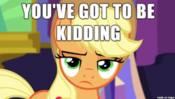 Size: 610x343 | Tagged: safe, screencap, applejack, earth pony, pony, image macro, meme, reaction image, unconvinced applejack, unimpressed