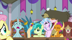 Size: 985x554 | Tagged: safe, screencap, angel bunny, fluttershy, gallus, harry, ocellus, sandbar, silverstream, smolder, yona, bear, griffon, pegasus, pig, pony, squirrel, school daze, despair, melodrama, sad