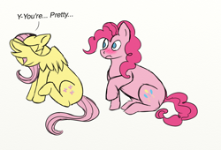 Size: 1100x750 | Tagged: safe, artist:kagomekagethief, fluttershy, pinkie pie, earth pony, pegasus, pony, blushing, female, flutterpie, lesbian, shipping