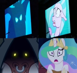 Size: 720x688 | Tagged: safe, screencap, lord tirek, princess celestia, silverstream, storm king, pony, seapony (g4), my little pony: the movie, season 8, what lies beneath, spoiler:s08, collage, comparison, cropped, ethereal mane, female, male, mare, nose piercing, nose ring, piercing, sdcc, sdcc 2018