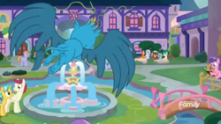 Size: 1366x768 | Tagged: safe, screencap, auburn vision, berry blend, berry bliss, citrine spark, fire quacker, gallus, ocellus, sandbar, silverstream, smolder, sugar maple, yona, pony, school daze, architecture, bridge, female, flying, fountain, friendship student, garden, interior, male, mare, school of friendship, stallion, student six