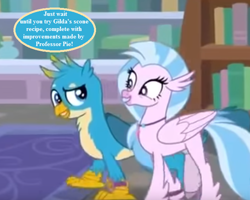 Size: 630x504 | Tagged: safe, edit, edited screencap, screencap, gallus, silverstream, a matter of principals, bookshelf, carpet, cropped, implied gilda, implied pinkie pie, jewelry, library, necklace, speech bubble, text