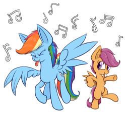 Size: 1024x927 | Tagged: safe, artist:heir-of-rick, derpibooru import, rainbow dash, scootaloo, pegasus, pony, bipedal, dancing, female, filly, impossibly large ears, mare, music notes, scootalove, simple background, spread wings, tongue out, transparent background, wings