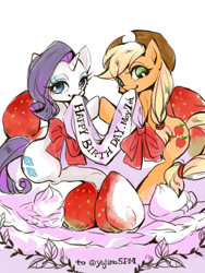 Size: 800x1066 | Tagged: safe, artist:wan, applejack, rarity, earth pony, pony, unicorn, female, horn, mare, strawberry