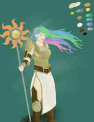 Size: 3400x4400 | Tagged: safe, artist:sgrayda, princess celestia, human, absurd resolution, armor, boots, humanized, side slit, solo, staff, tunic