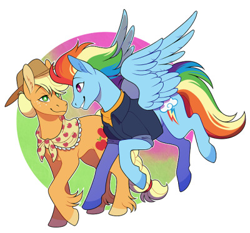 Size: 400x373 | Tagged: safe, artist:angrysnakes, derpibooru import, applejack, rainbow dash, earth pony, pegasus, pony, the last problem, abstract background, appledash, clothes, colored hooves, cowboy hat, female, granny smith's scarf, happy, hat, lesbian, looking at each other, older, older applejack, older rainbow dash, scarf, shipping, unshorn fetlocks