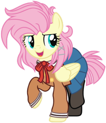 Size: 1280x1485 | Tagged: safe, artist:bezziie, derpibooru import, fluttershy, pony, alternate hairstyle, clothes, cosplay, costume, pantyhose, rimi, schoolgirl, short hair, simple background, skirt, solo, transparent background