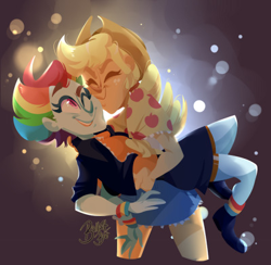 Size: 400x391 | Tagged: safe, artist:ballpitbee, derpibooru import, applejack, rainbow dash, human, the last problem, appledash, carrying, eyes closed, female, humanized, kissing, lesbian, older, older applejack, older rainbow dash, shipping