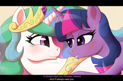 Size: 1000x663 | Tagged: safe, artist:deusexequus, princess celestia, twilight sparkle, alicorn, pony, blushing, crown, dialogue, female, jewelry, lesbian, looking at each other, mare, regalia, shipping, smiling, subtitles, twilestia