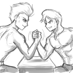 Size: 900x900 | Tagged: safe, artist:johnjoseco, braeburn, soarin', human, arm wrestling, bare chest, clothes, grayscale, humanized, monochrome, topless